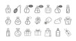 © Clang - Collection of outline icons representing perfume bottles, atomizers, roses, gift boxes, shopping bags, and price tags, perfect for graphic and web design, apps, adverts, and various cards, presented
