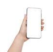© New Africa - Woman holding smartphone with blank screen on white background, closeup