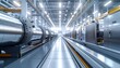 © elviana - Industrial Manufacturing Facility With Large Shiny Metal Cylinders On A Conveyor Belt Under Bright Overhead Lights Creating A Long Perspective View Of Production Equipment And Shiny Metal Surfaces