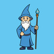 © Jakia - A wise old cartoon wizard casting colorful  with a long white beard and pointed hat stands with outstretched arms, holding a staff silhouettes.