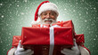 © Milan - Happy Santa Claus holding a stack of red Christmas gifts. Cheerful senior black man with a white beard smiling in the falling snow. Festive holiday season background