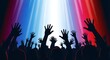 © Roushon - A crowd of people raising their hands in silhouette against a backdrop of colorful stage lights, representing concert excitement and audience participation