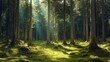 © tiger - Sunlight streaming through tall pine trees onto a moss-covered forest floor, creating a peaceful and serene woodland scene