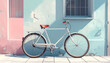 © Tegami - A simple bicycle parked against a pastel-colored wall, clean sidewalk, no people, soft daylight, minimalist urban scene, 4K realism.