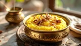 Golden Rice Pudding Topped with Nuts and Seeds Served in an Ornate Brass Bowl with Soft Sunlight Streaming from a Window