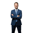 © sujon1638 - Professional business man standing confidently with arms crossed wearing a sharp blue suit and tie isolated on transparent background