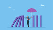 © Saklarboy - Businessman stop domino collapsing despair. Control risk in investment crisis, failure prevention, stop domino effect, protection or solution to solve problem, stop uncertainty or insurance.