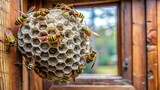 A wasp nest with wasps and developing larvae hangs on a wooden window frame Close-up
