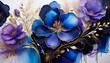 © Lori - vivid alcohol ink art showcases flowers in blue and purple with black and gold accents highlighting intricate details