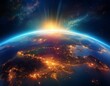 © Shelby - panoramic view on planet earth globe from space with rising sun glowing city lights light clouds generative ai