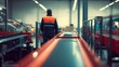 © silver bug - A lone worker in an orange vest walks down a brightly lit baggage conveyor belt. The image captures the focus and routine of airport operations.