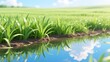 © Budi - Serene digital illustration of a lush green agricultural field with a tranquil water reflection of the blue sky