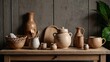 © FutureBrains Studio - Wooden and clay authentic household kitchen items for herbals and water culture captured in a traditional setting showcasing natural materials, rustic charm, and cultural craftsmanship in daily life