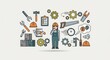 © Yauhen - A female worker is surrounded by icons of tools, gears, and checklists. This illustration represents project management, industrial workflow, and problem-solving, ideal for business presentations.