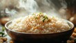 © Putt_Sanplee - Steaming Rice Delight: A tantalizing close-up captures the allure of a freshly prepared, aromatic dish of fluffy rice, inviting the viewer to savor its exquisite flavors and textures.