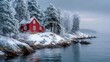 © Zidan - Red house nestled in snowy landscape by calm water under a cloudy sky