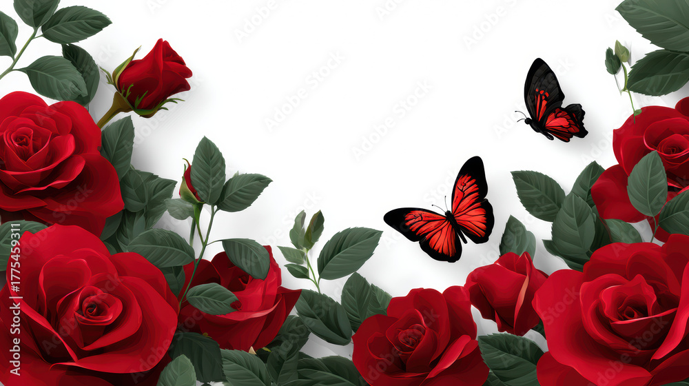 Vivid red roses with lush green leaves are arranged artfully around a ...
