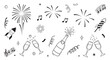 © Naeem - Fireworks new year set. Hand drawn vector elements with doodle golden confetti, firecracker and festive sparkle for birthday, party, or new year celebration. Gold firework vector illustration