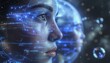 © photostockatinat - Digital portrait of a woman merging with technology, highlighting the integration of technology and human. A conceptual artwork depicting a person with glowing digital connections.