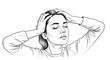 © Elena - Woman massaging scalp with closed eyes in line art style