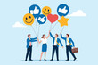© Design gallery - Happy business team celebrating success with social media icons and balloons uplifting spirits sky high