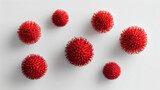 An abstract composition featuring several red rambutan fruits arranged in a clean, geometric pattern. Top-down view. Isolated on a seamless, solid white background. Modern design.