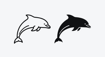  Two dolphin illustrations, one in outline and one in solid black, swimming to the right.