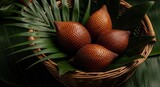 Exotic Salak Fruit Displayed Gorgeously Inside of a Woven Basket on Lush Greenery