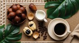 Exotic Salak Fruits, Coffee, Cream, And Tropical Foliage Arrangement On Woven Surface