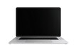 © Mood - Front view of a light gray laptop with a blank black screen
