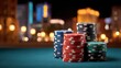 © Sohrab - Casino chips stacked on a table with a cityscape background