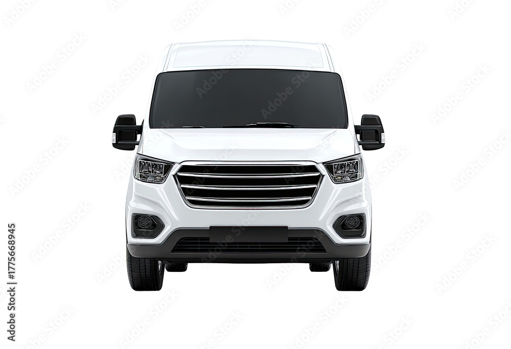 Front view of a white van.  Modern, clean design.  Simple, boxy shape.  Chrome grille