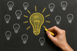 © Miltan - Creative innovation concept with hand sketching big yellow light bulb surrounded by chalk illustrations symbolizing ideas and inspiration