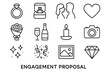 © May - Engagement Icons Collection. Engagement proposal. Line outline icon set of engagement proposal: ring, ring box