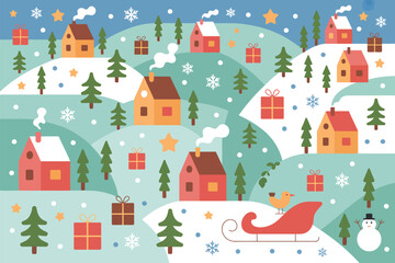  A quaint winter village scene with cozy houses, evergreen trees, and festive gifts scattered across snowy hills.