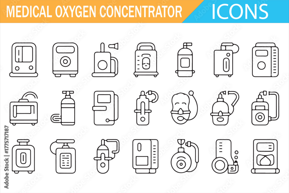 Set of medical oxygen concentrator icons in modern linear style showing ...