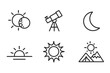 © Vector - Solar Eclipse Icons. Line style icons of Solar Eclipse: Partial Shadow, Bailey’s Beads, Telescope Stand, Crescent Sun, Horizon
