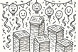 © Sergey - Festival Postcards Tower. A doodle illustration of postcards in a festival, stacked like towers, with smiling lanterns, dancing