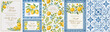 © T-elle - Italian lemon wedding invitation vector set with blue ceramic tile pattern and watercolor lemons. Elegant Amalfi Coast inspired design for Mediterranean wedding, event, or summer party.