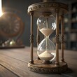 © Mol - Elegant Vintage Hourglass with Sand Running Down, Standing on a Wooden Desk in a Historical Library or Office
