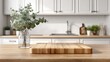 © Generative AI - Contemporary kitchen scene with empty wooden board, eucalyptus bouquet, and blurred background ready for food presentation