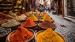 © Generative AI - Vibrant array of spices in wooden bowls at a bustling market, showcasing culinary diversity and cultural richness
