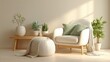 © Generative AI - Cozy Interior Design with Armchair, Knitted Pouf, Plants, and Natural Light, Ideal for Home Decor