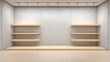 © Generative AI - Minimalist Interior Display Room with Wooden Shelves and Concrete Walls Ideal for Product Mockups