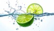 © bella - Vibrant lime slices splashing into clear water creating dynamic ripples and bubbles against a clean white background with bright studio lighting illuminating the juicy green fruit.