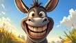 © Rhomaidhi - A funny animated donkey with a huge, toothy grin smiles happily in a sunny field.