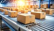 © Hilmi - Rows of cardboard boxes moving on a conveyor belt in a well-lit warehouse, symbolizing logistics and distribution