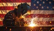 © bik - American pride and industrial strength embodied by a female welder working diligently with sparks flying against a United States flag backdrop