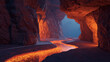 © Mamun - A glowing lava river flows through a dark, rocky cave with an opening ahead