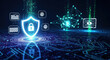 © Dara - A glowing blue shield with a padlock icon and various security icons floating around it on a dark blue and green digital background.